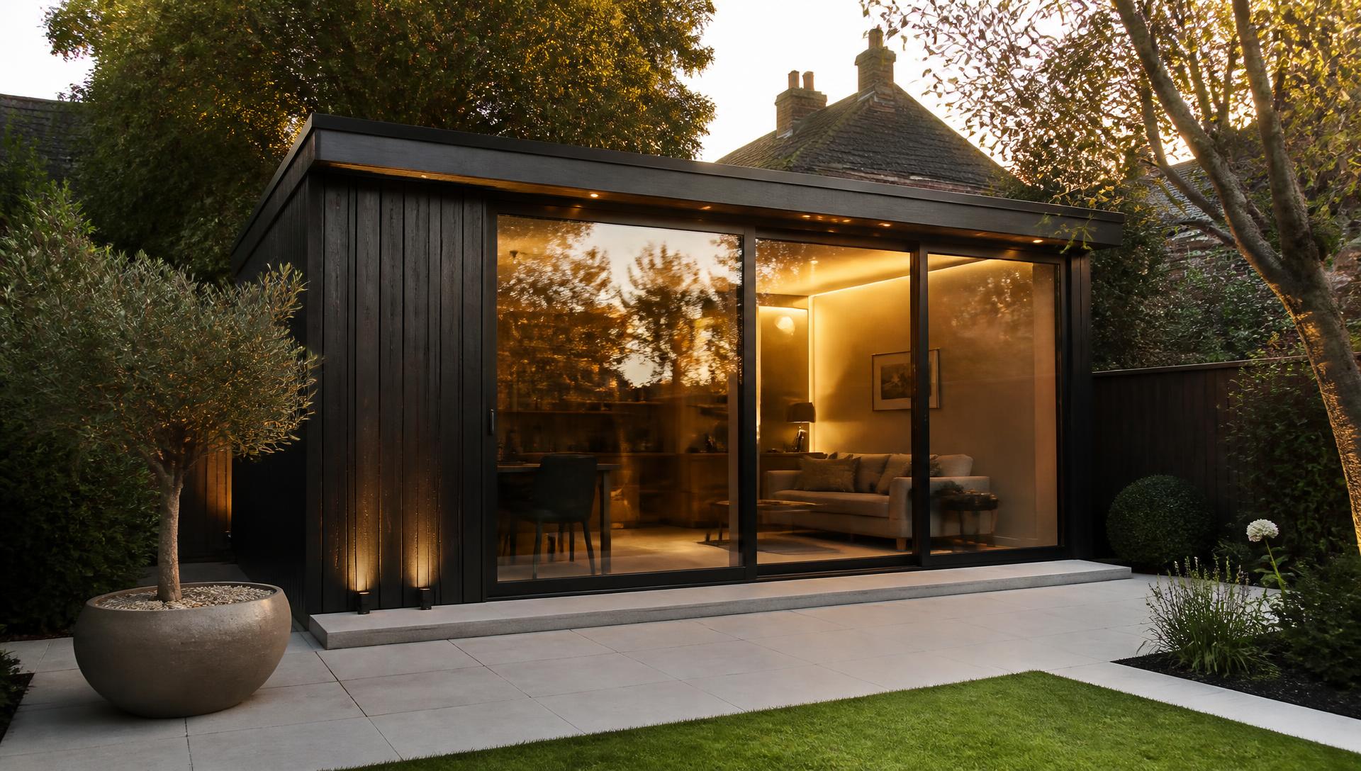 Contemporary black timber clad garden room with sliding glass doors, lit warmly at dusk in a landscaped Essex garden