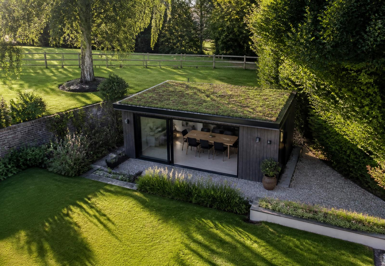 Aerial view of a contemporary garden room with a green living sedum roof set in a lush Essex country garden