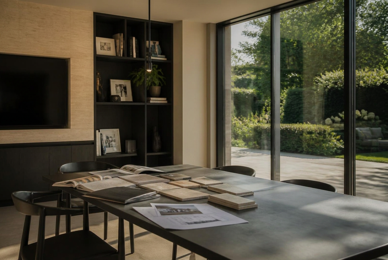 Garden room designer and homeowner reviewing material samples and plans in a modern glass-walled space