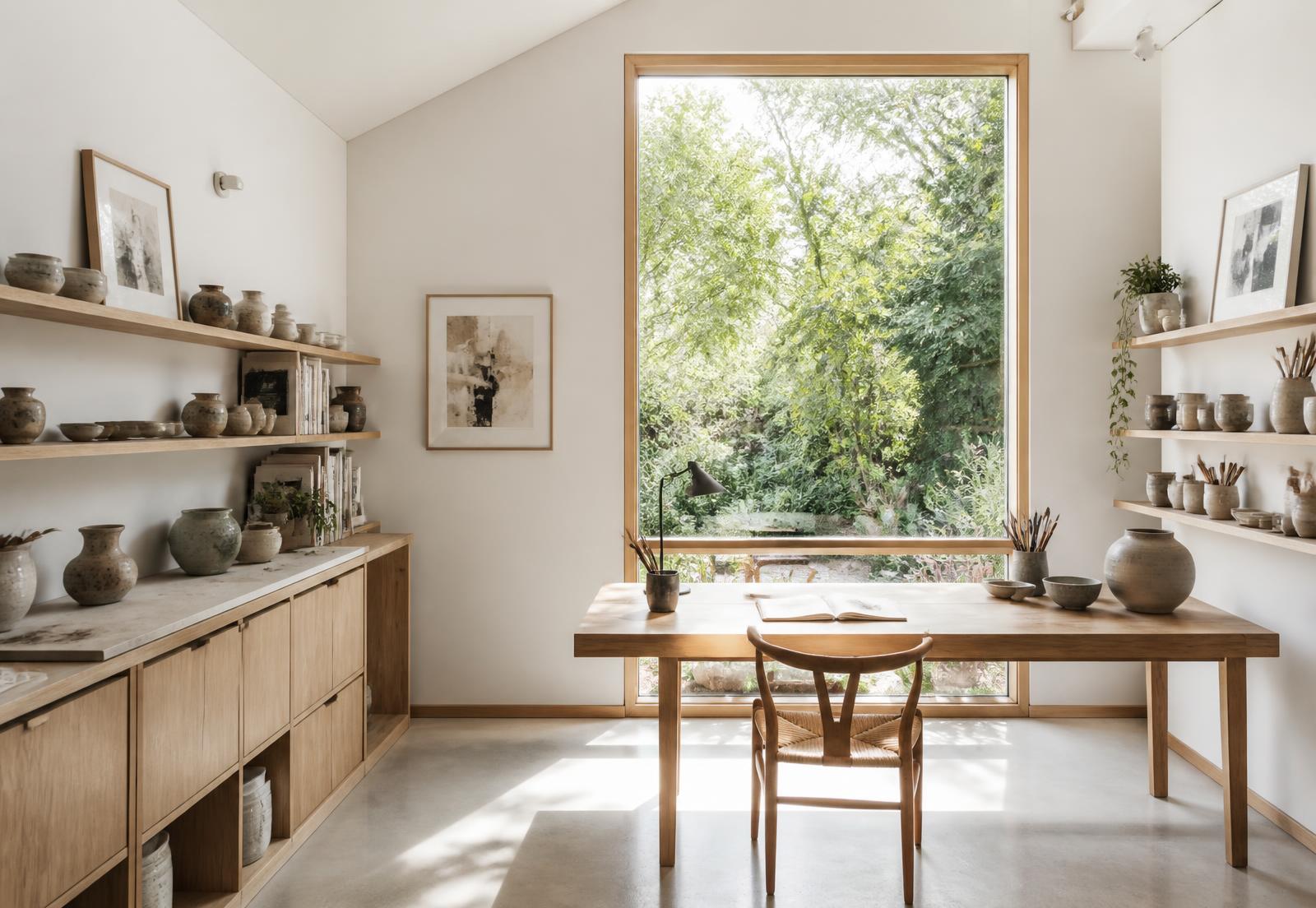 Bright garden studio interior with oak desk, ceramics and tall window overlooking a green garden